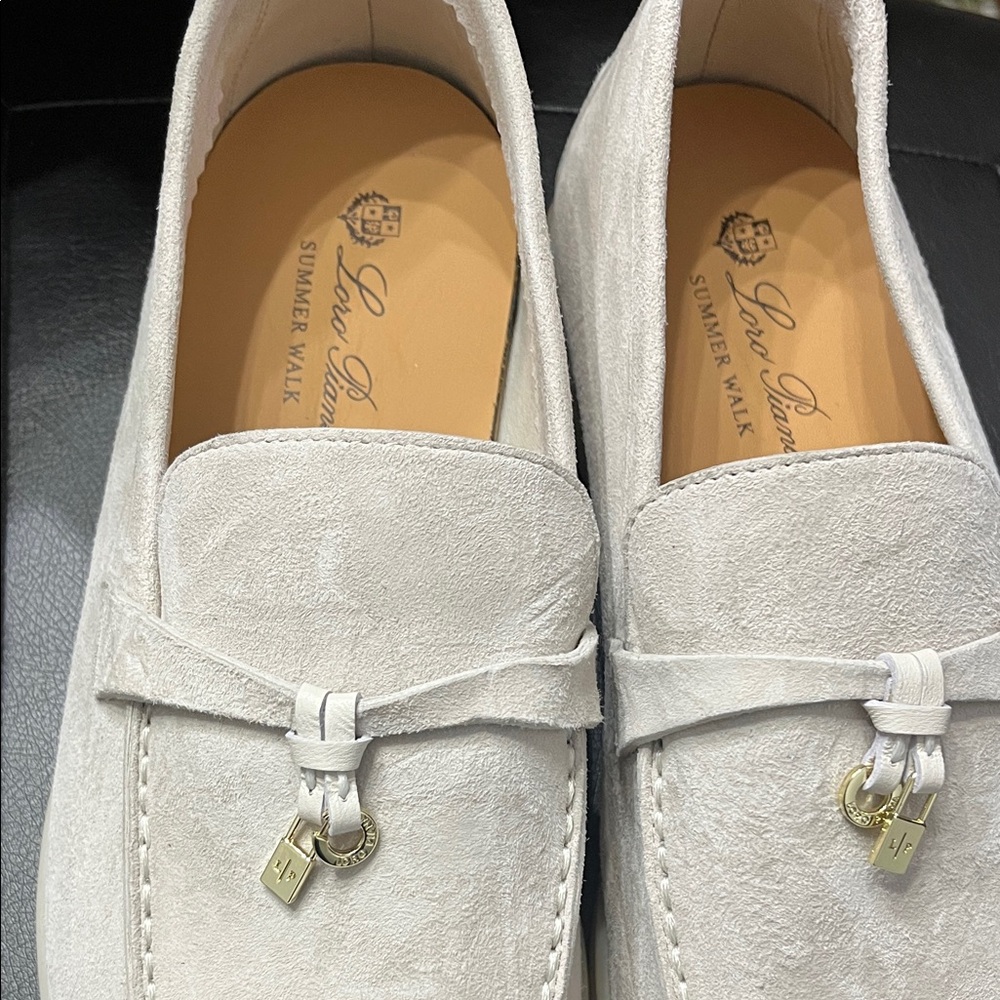 Loro Piana Cream Suede Loafers with Gold Accents